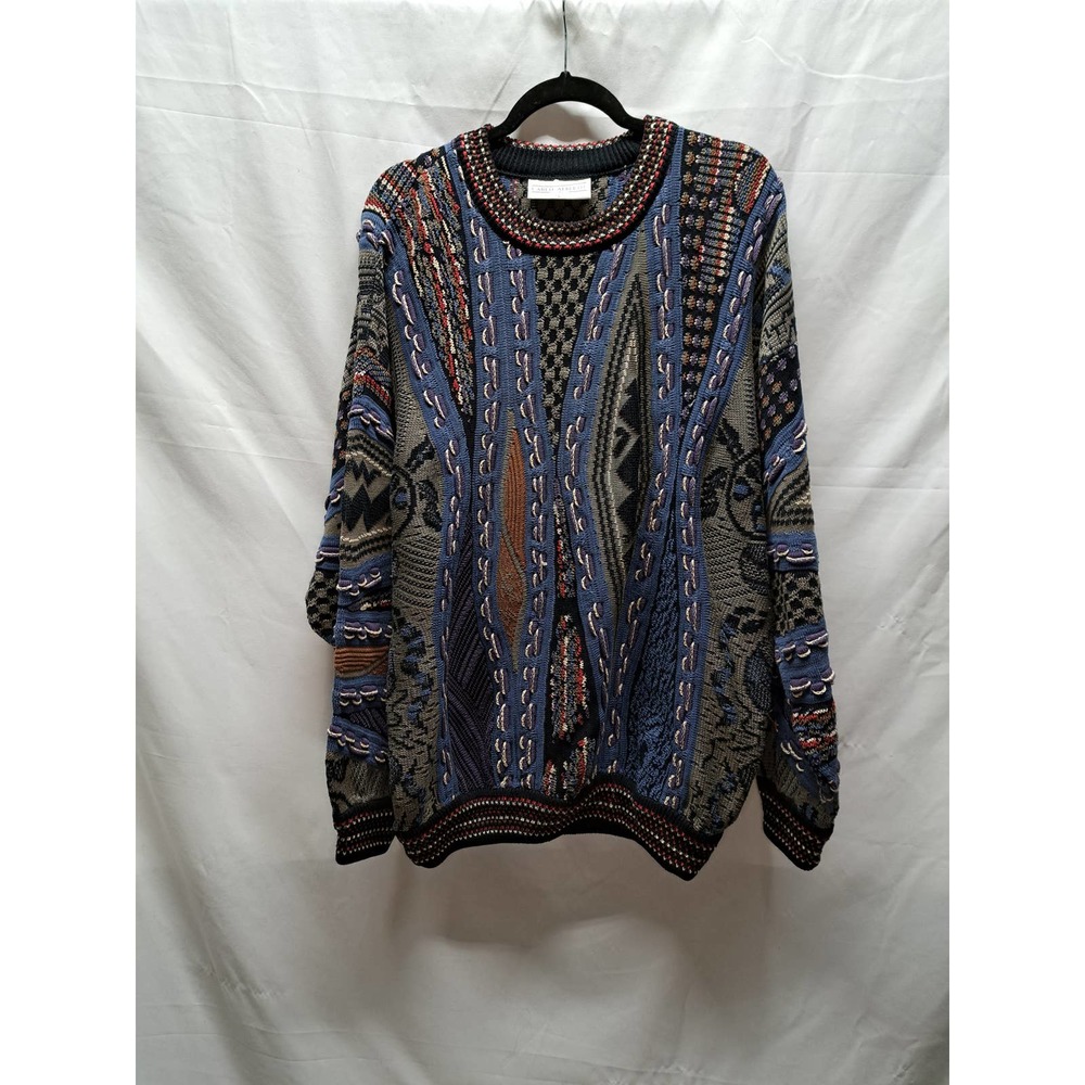 VTG Carlo Alberto Australia Way to cool Blue, Brown GrayPattern Knit Sweater Lg